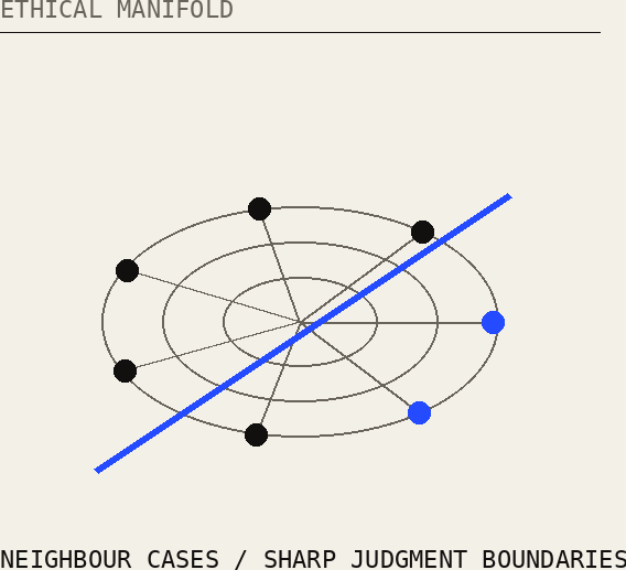 Concentric ethical situation space crossed by a sharp blue judgment boundary.